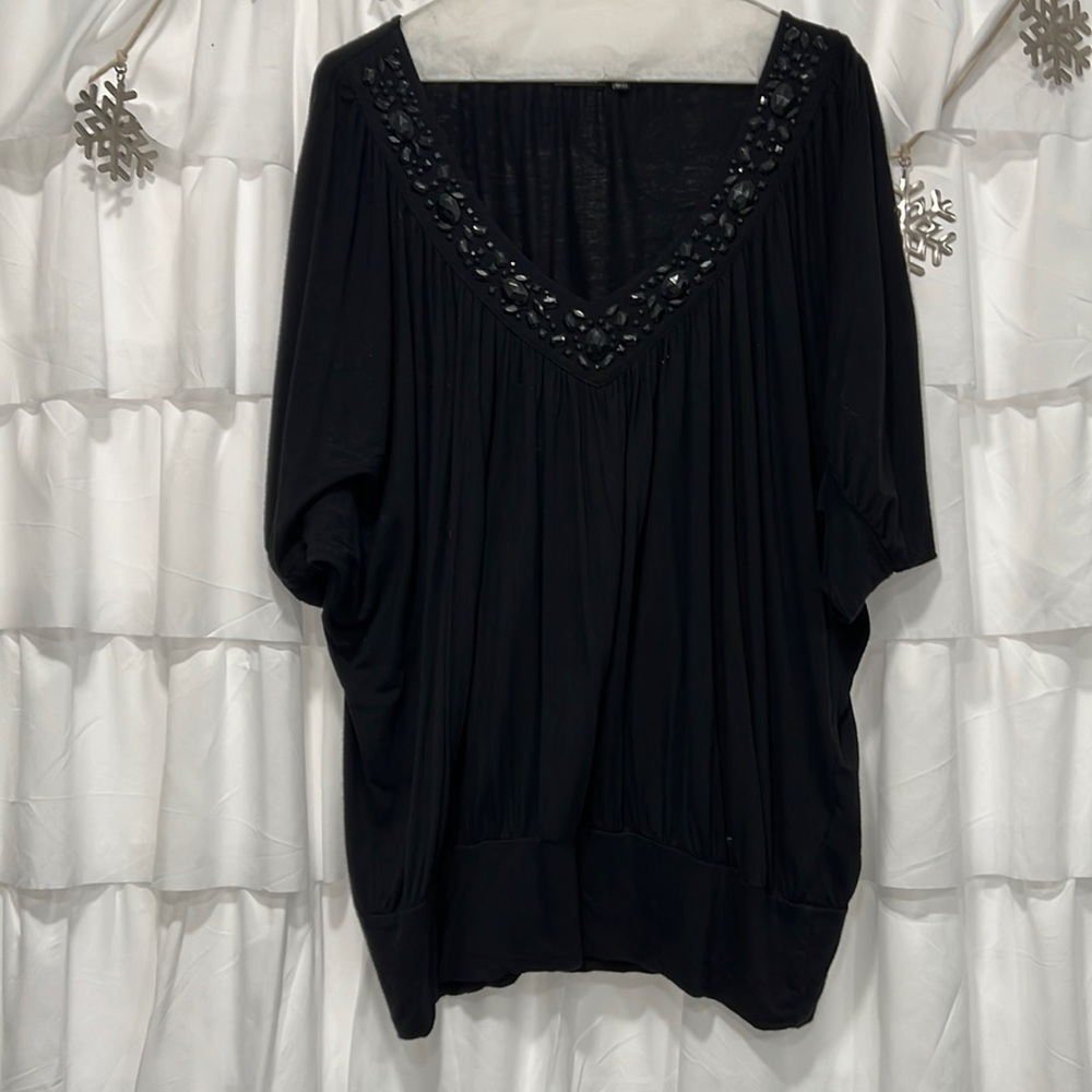 Black v-neck blouse with beaded neckline